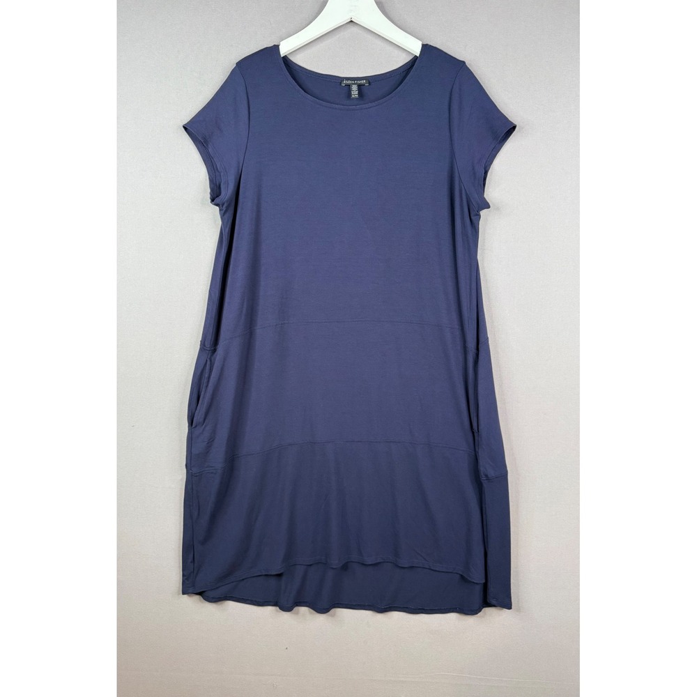 Eileen Fisher Dress Women XL Navy Blue Bateau Cap Sleeve Viscose Jersey High Low